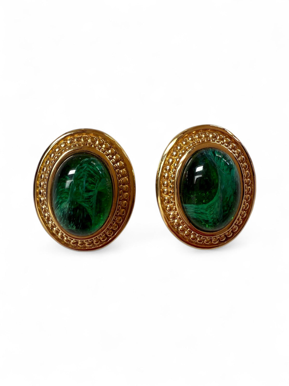 Christian Dior Emerald Poured Glass and Gold Oval Clip on Earrings