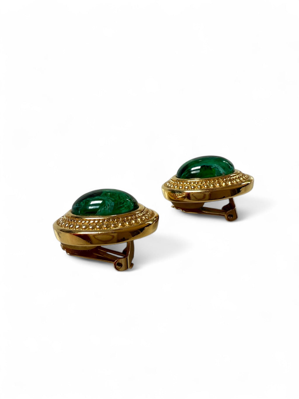 Christian Dior Emerald Poured Glass and Gold Oval Clip on Earrings