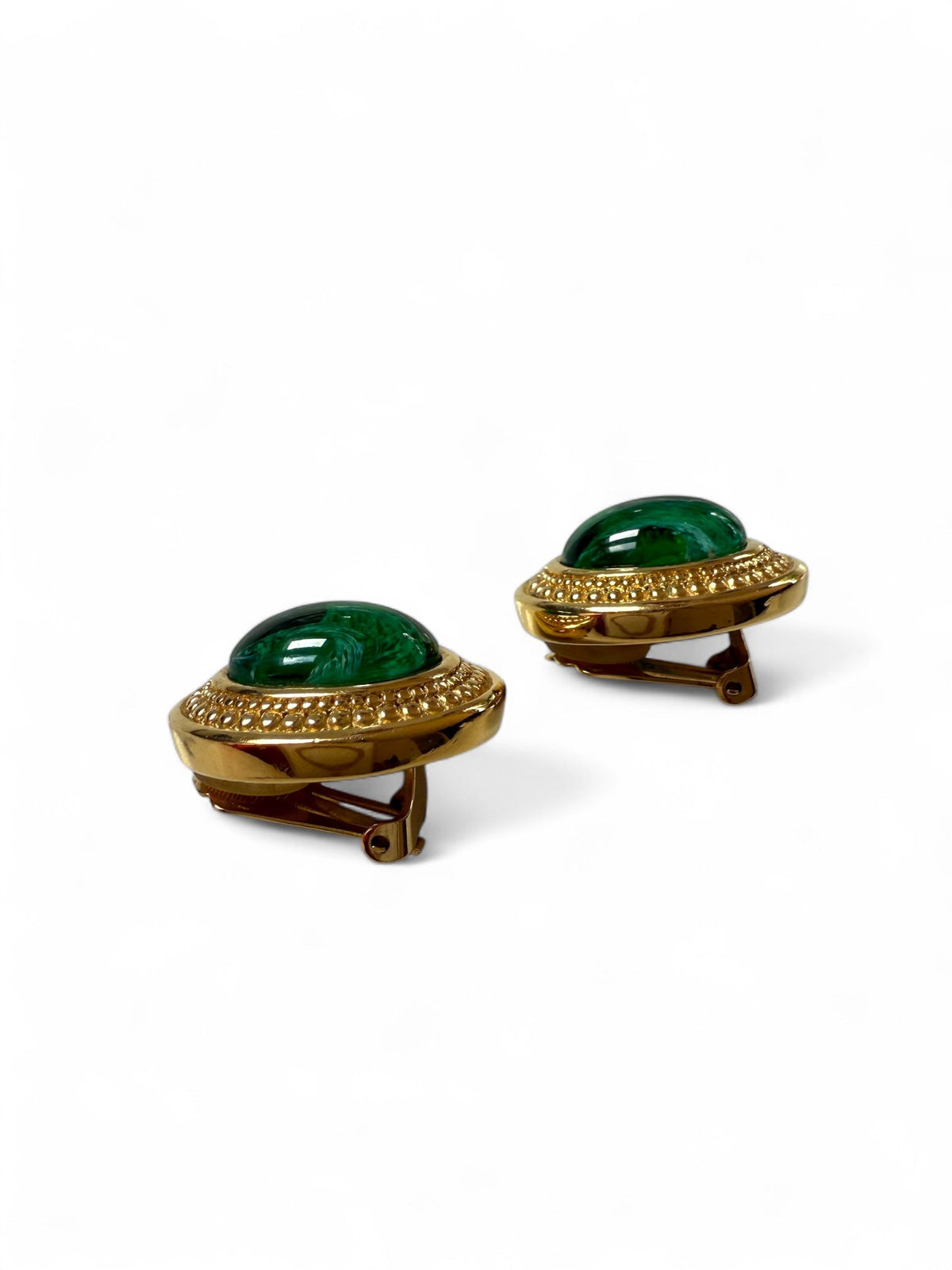 Christian Dior Emerald Poured Glass and Gold Oval Clip on Earrings