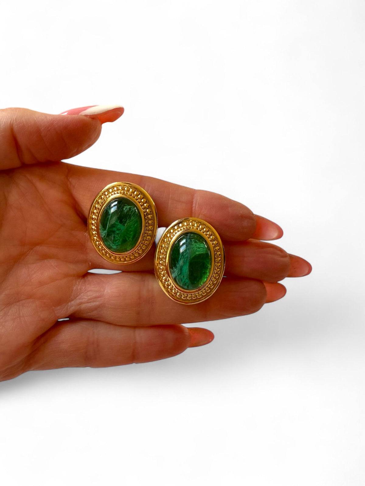 Christian Dior Emerald Poured Glass and Gold Oval Clip on Earrings