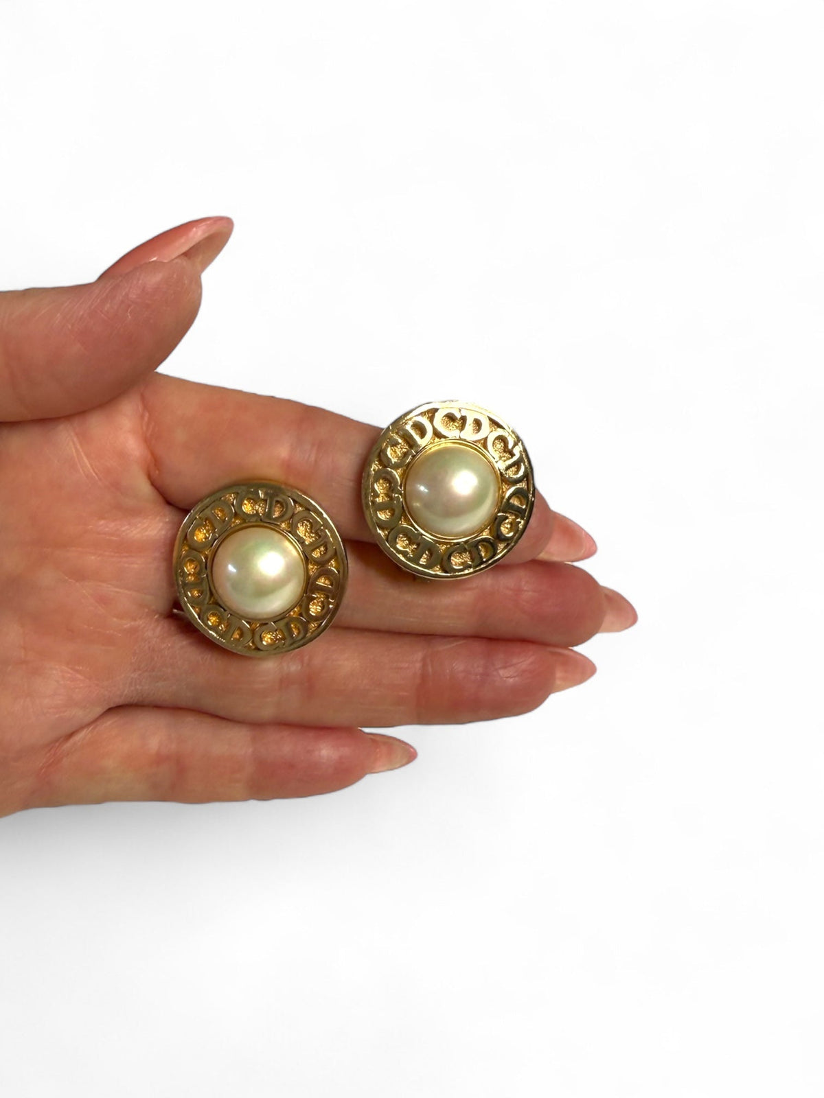 Dior Gold Plated Faux Pearl CD Logo Clip On Earrings
