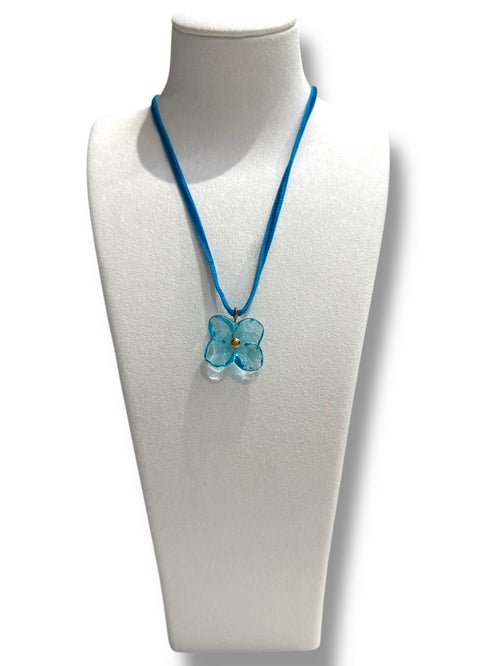 Baccarat Pale Blue Flower Shaped Pendant With Blue Velvet Cord