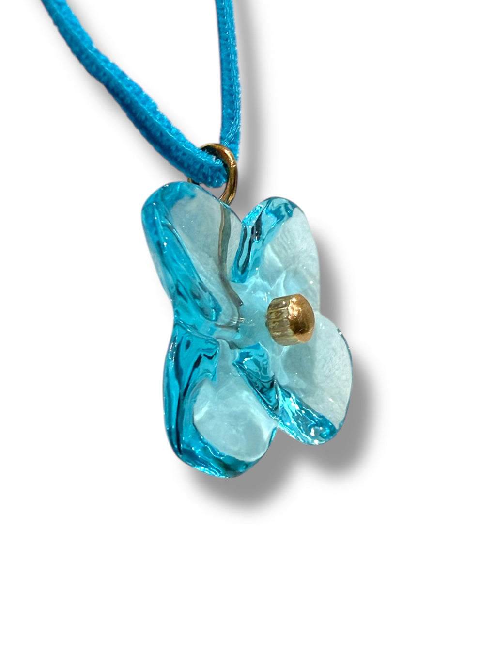 Baccarat Pale Blue Flower Shaped Pendant With Blue Velvet Cord
