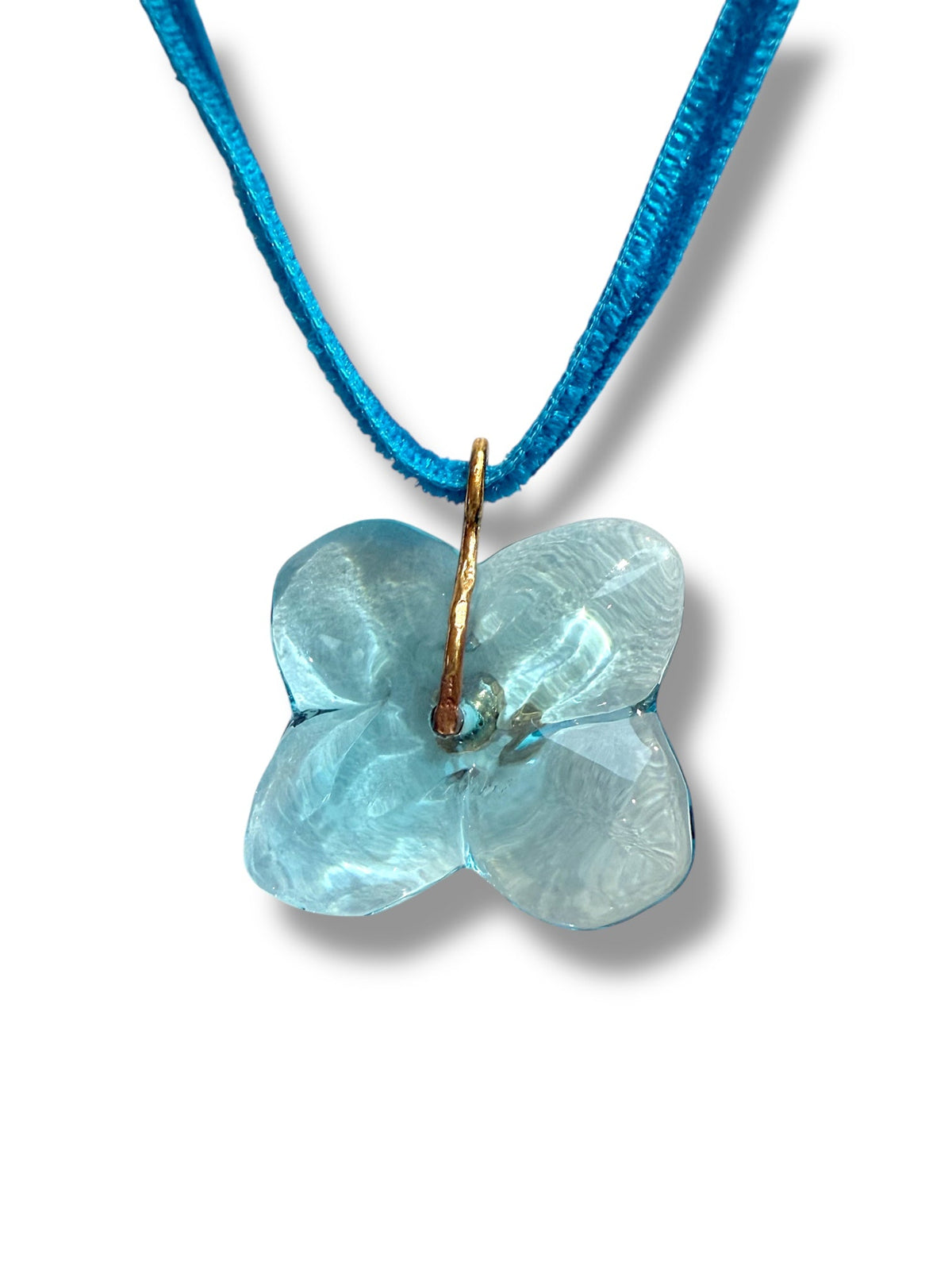 Baccarat Pale Blue Flower Shaped Pendant With Blue Velvet Cord