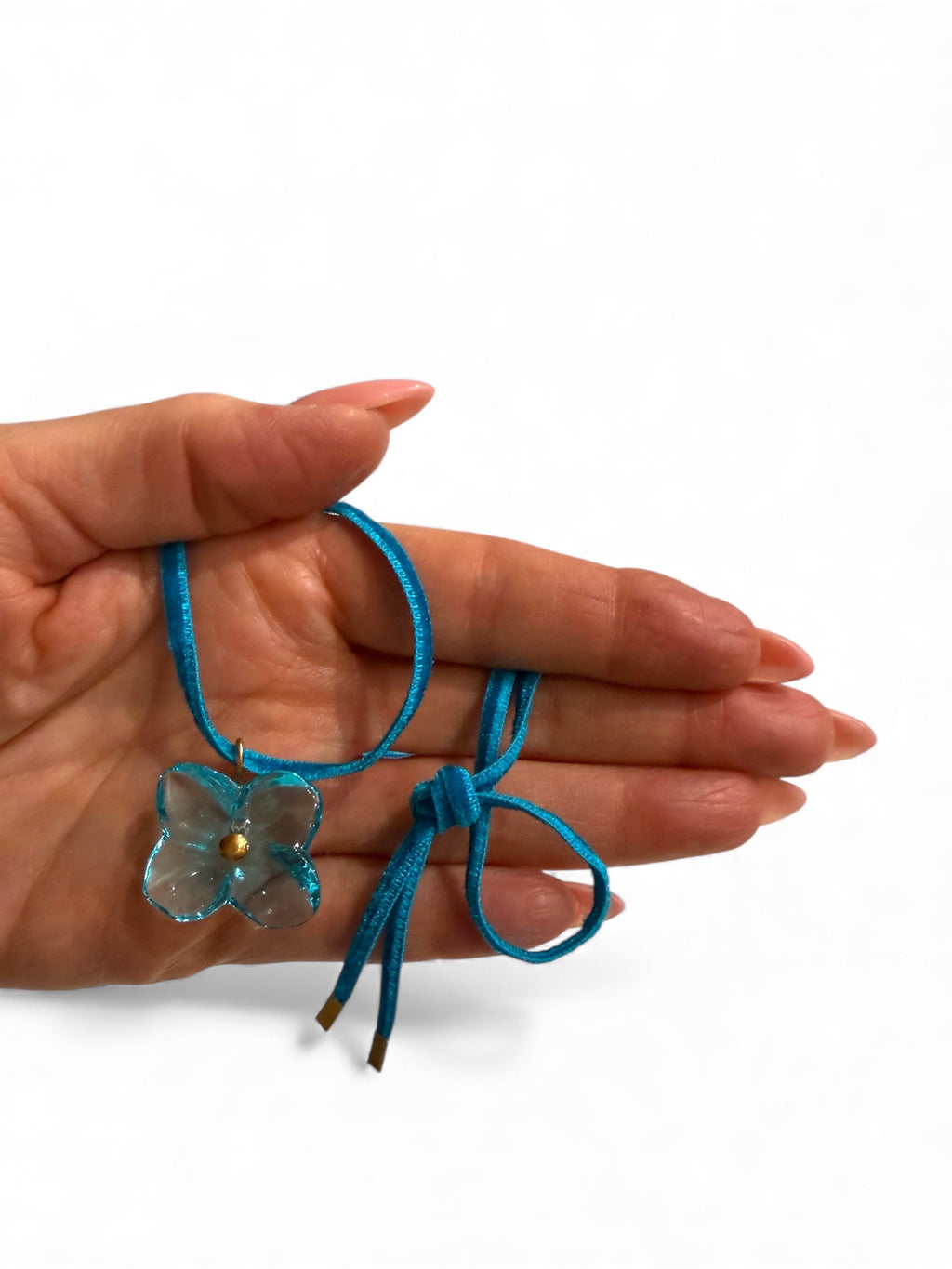 Baccarat Pale Blue Flower Shaped Pendant With Blue Velvet Cord