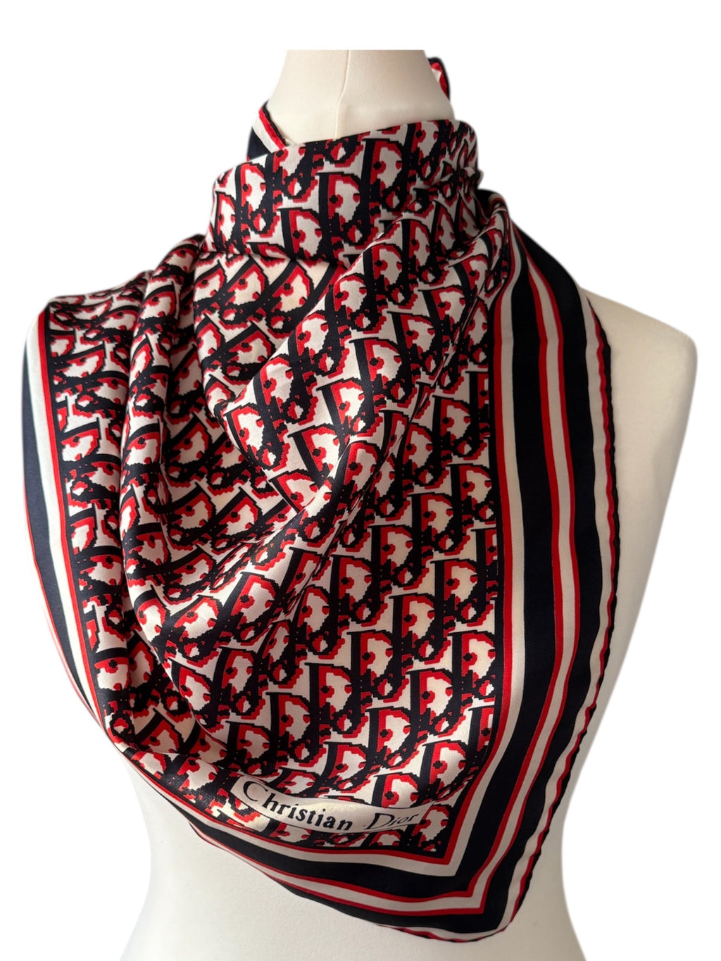 Christian Dior Vintage Red Blue and Cream Pattern Silk Scarf