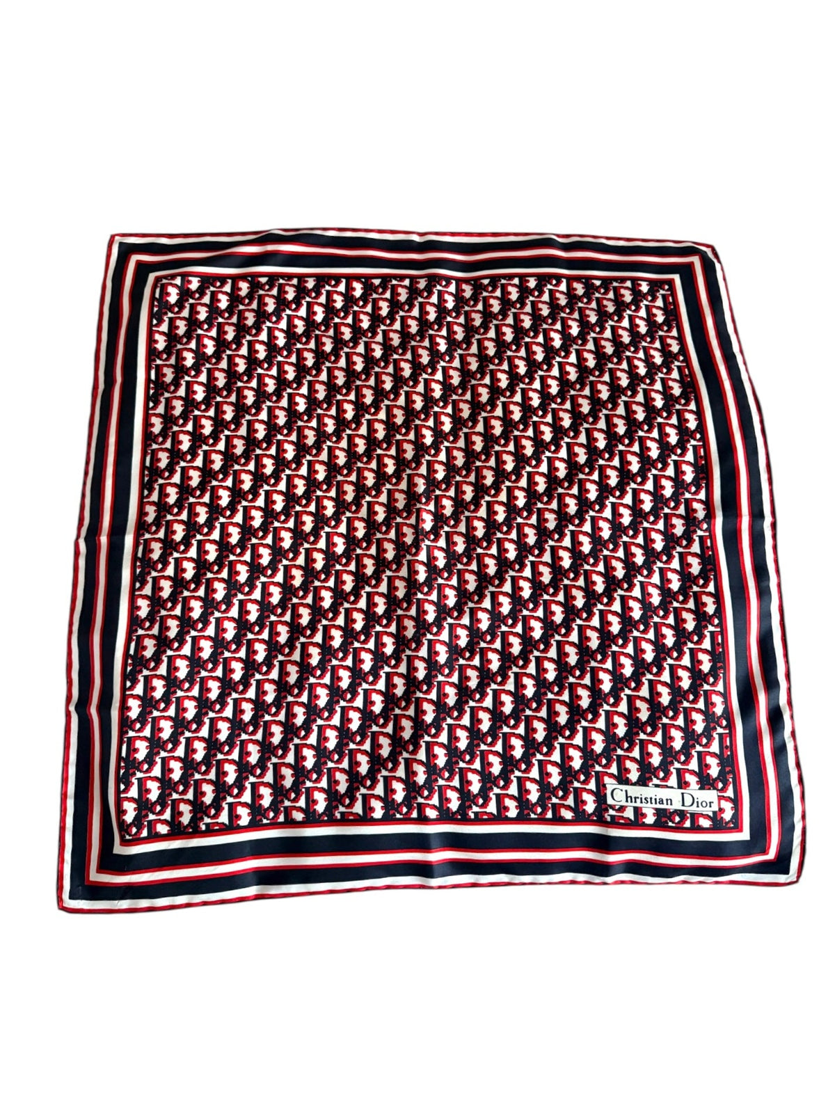 Christian Dior Vintage Red Blue and Cream Pattern Silk Scarf