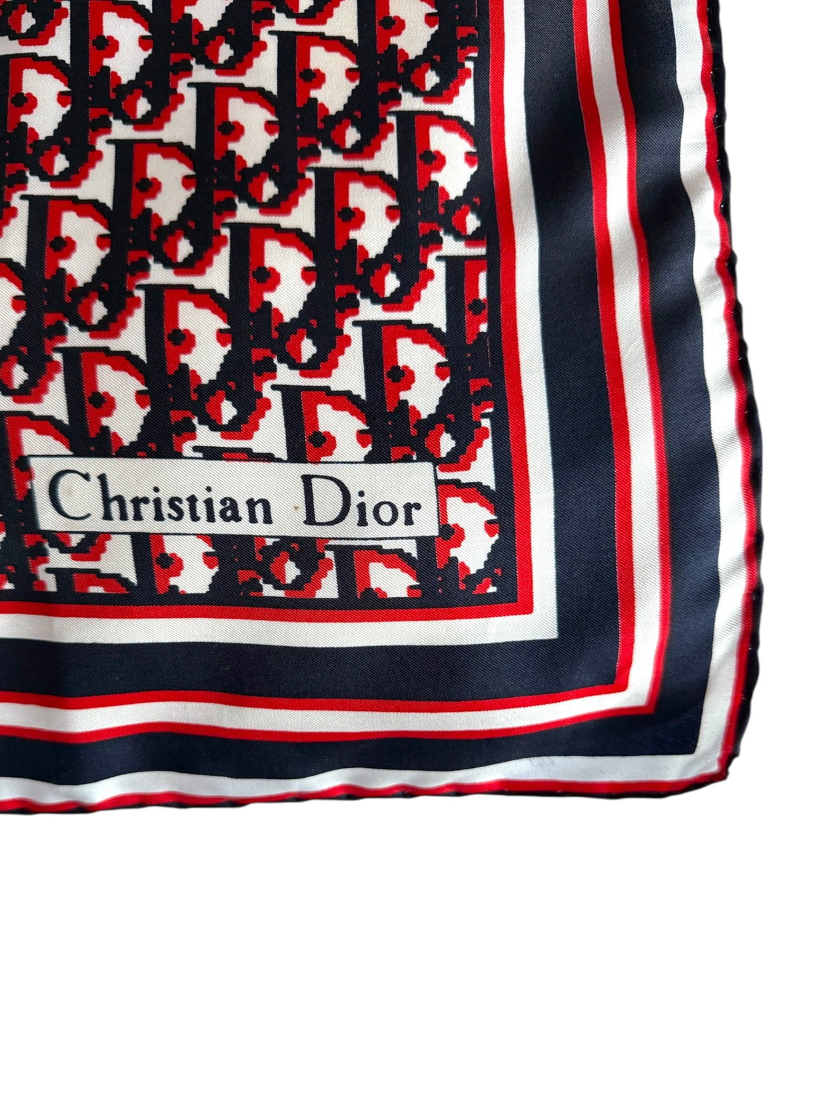 Christian Dior Vintage Red Blue and Cream Pattern Silk Scarf
