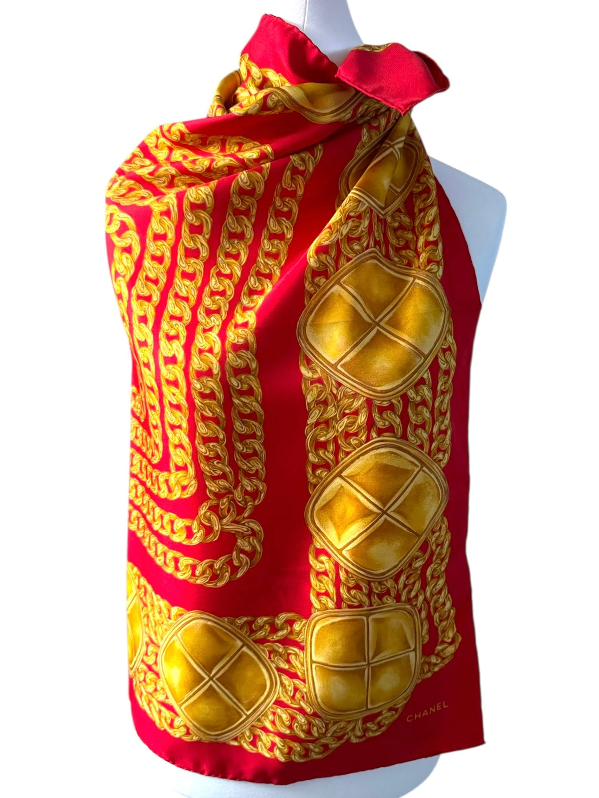 Chanel Red and Gold Chain Pattern Large Silk Scarf