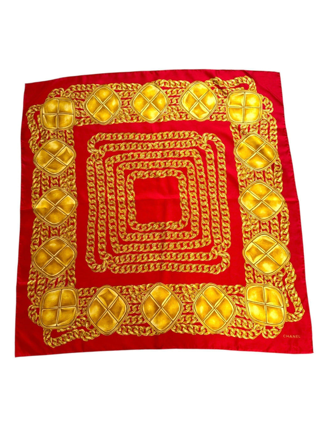 Chanel Red and Gold Chain Pattern Large Silk Scarf