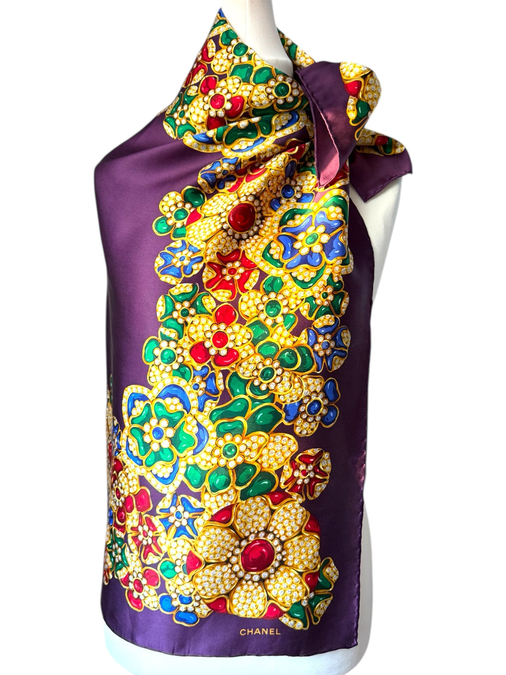 Chanel Large Purple Jewelled Pattern Silk Scarf