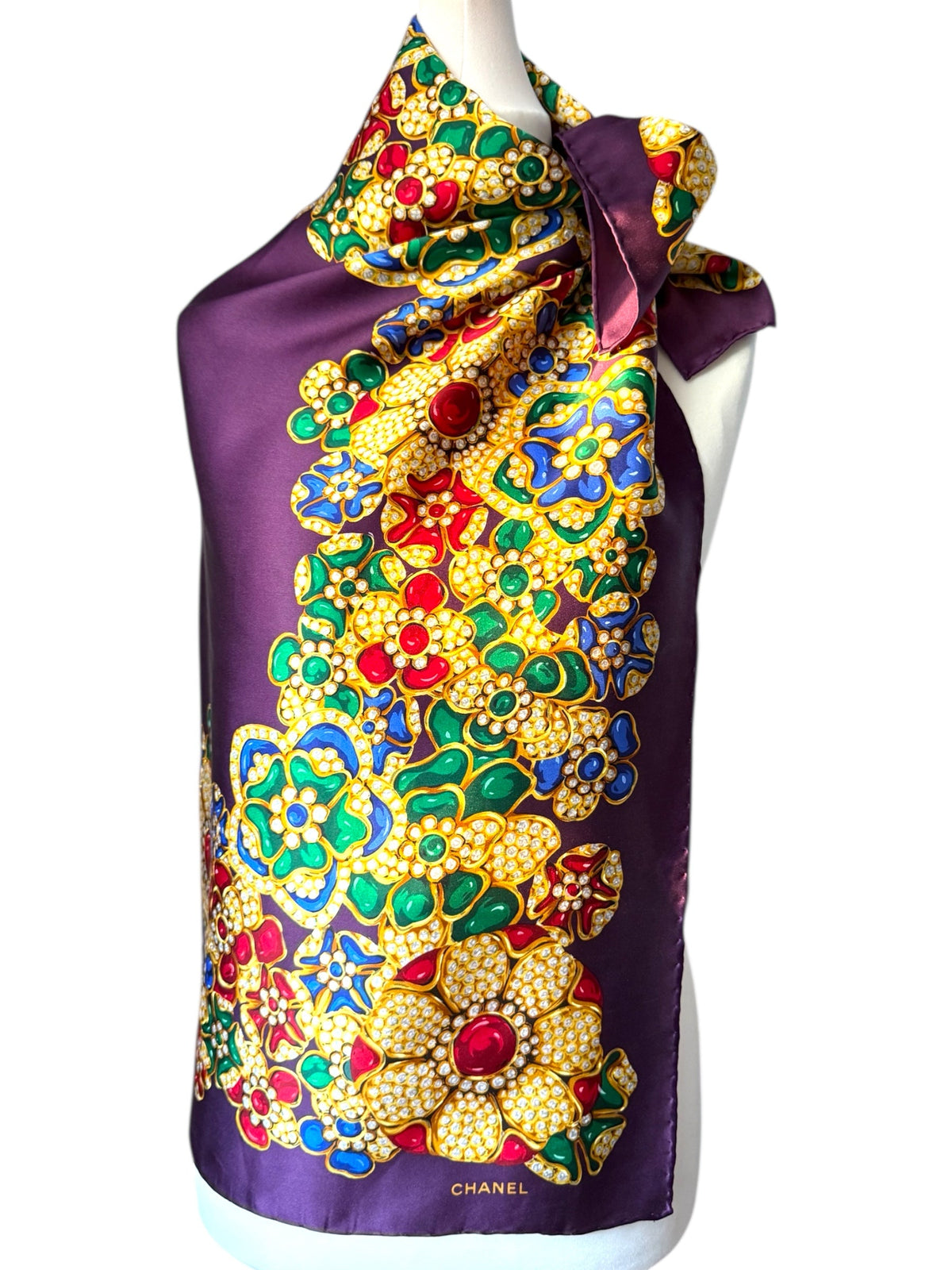 Chanel Large Purple Jewelled Pattern Silk Scarf