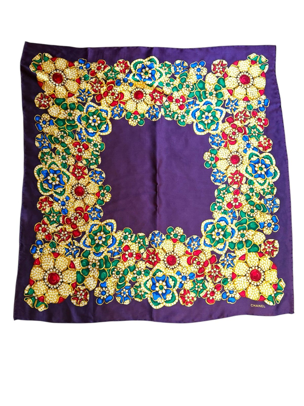 Chanel Large Purple Jewelled Pattern Silk Scarf