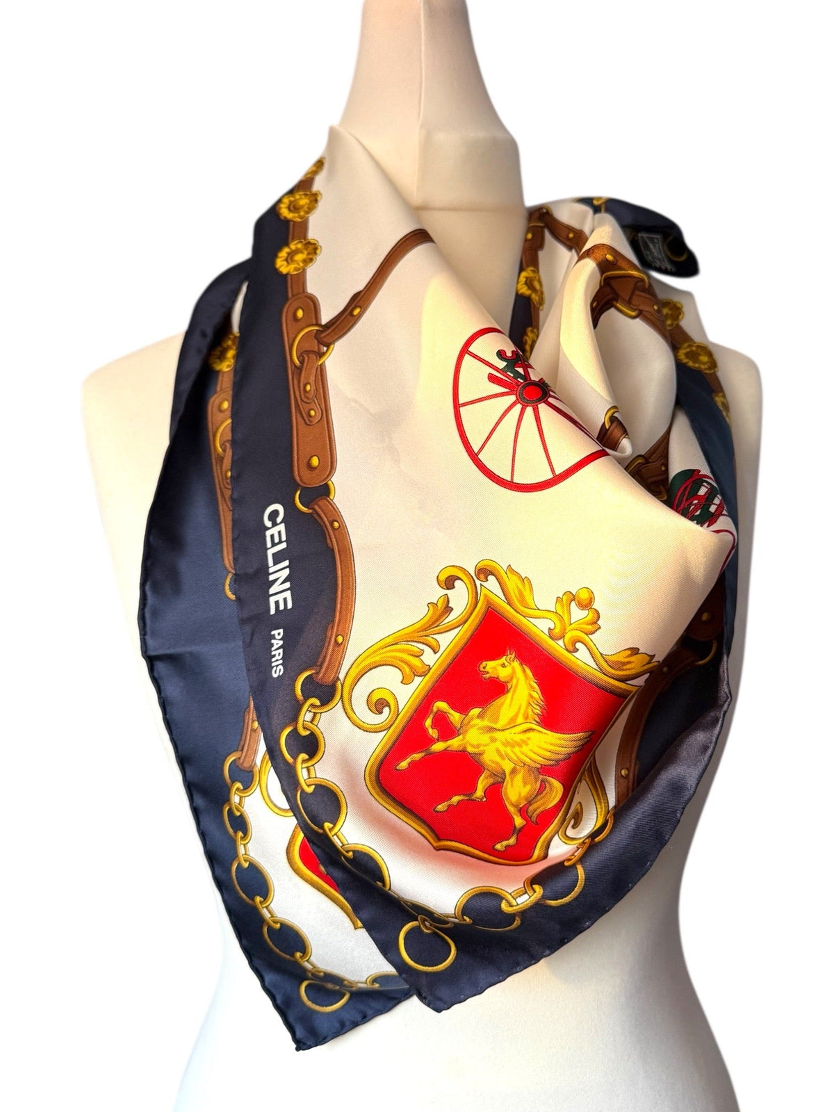 Celine Red Blue Gold and Cream Horse and Carriage Pattern Silk Scarf