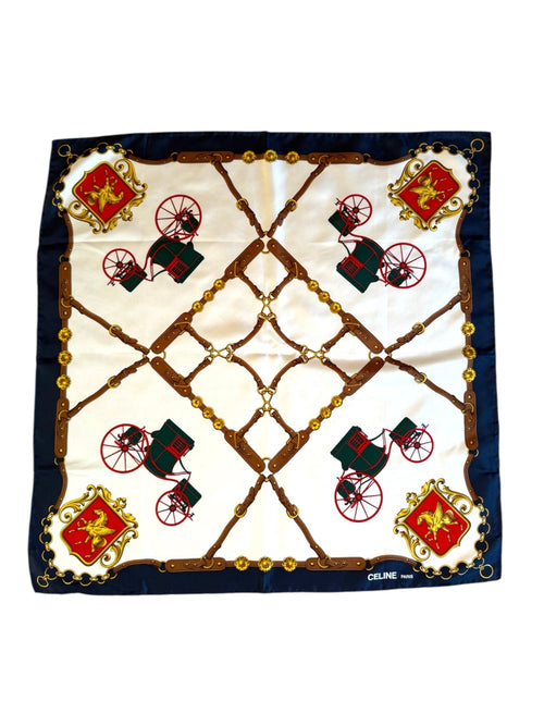 Celine Red Blue Gold and Cream Horse and Carriage Pattern Silk Scarf