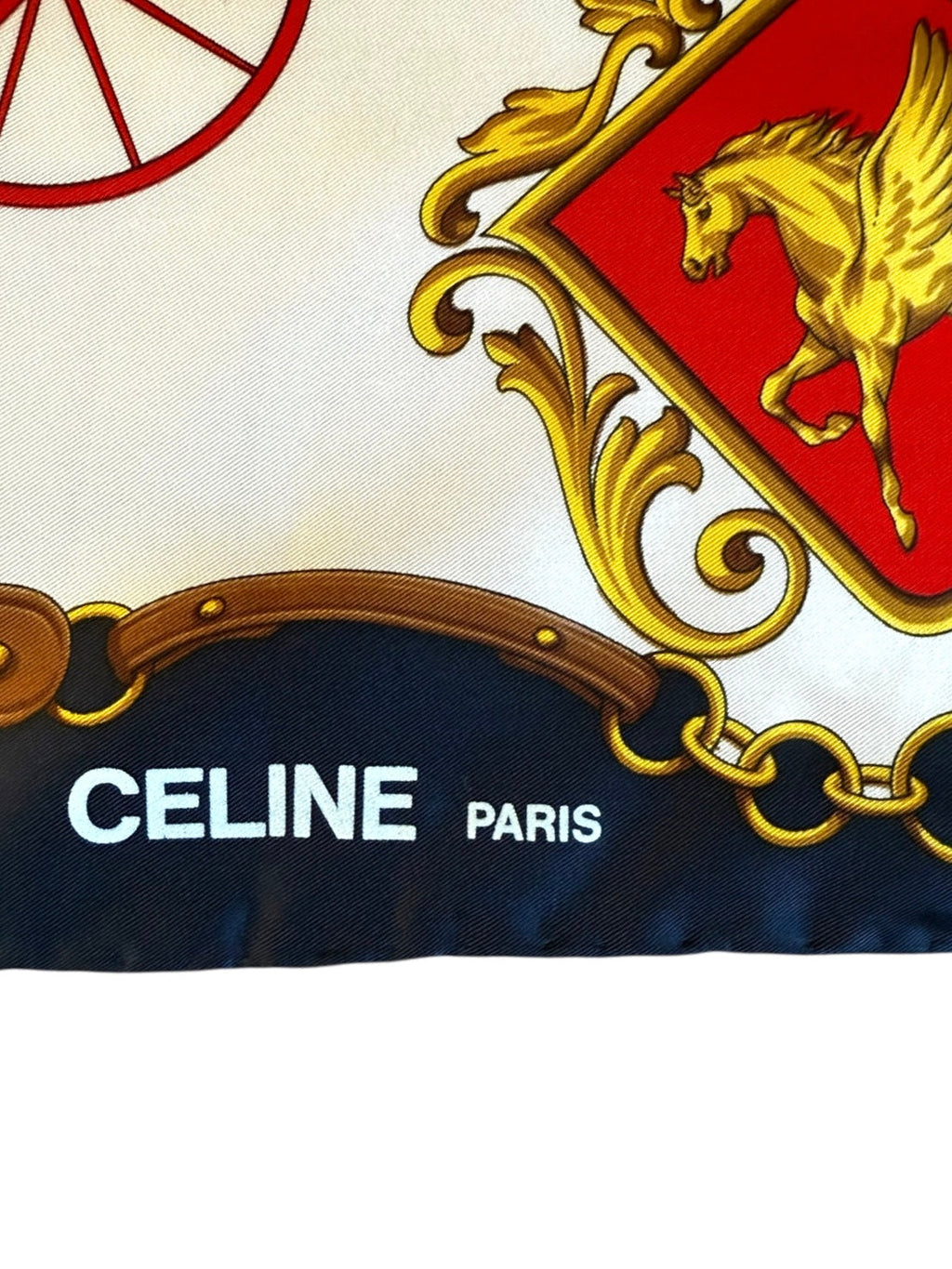 Celine Red Blue Gold and Cream Horse and Carriage Pattern Silk Scarf