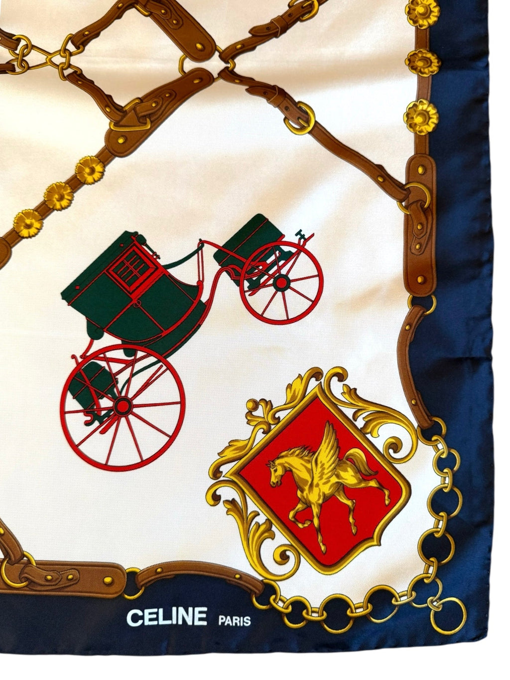 Celine Red Blue Gold and Cream Horse and Carriage Pattern Silk Scarf