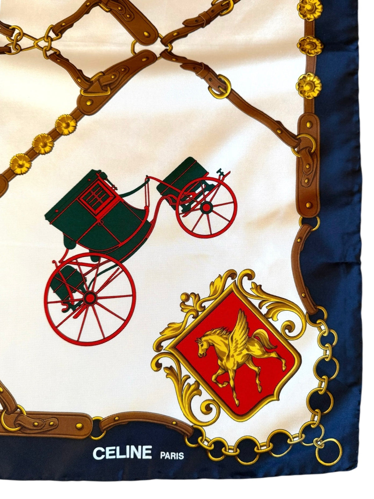 Celine Red Blue Gold and Cream Horse and Carriage Pattern Silk Scarf