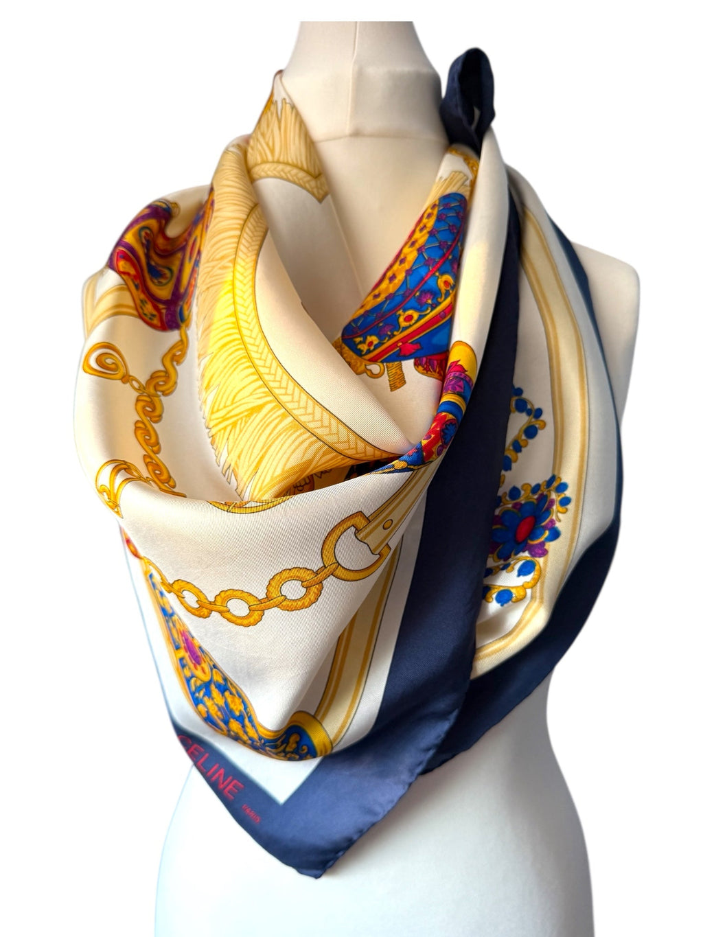 Celine Red Blue Cream and Gold Easter Egg Pattern Silk Scarf