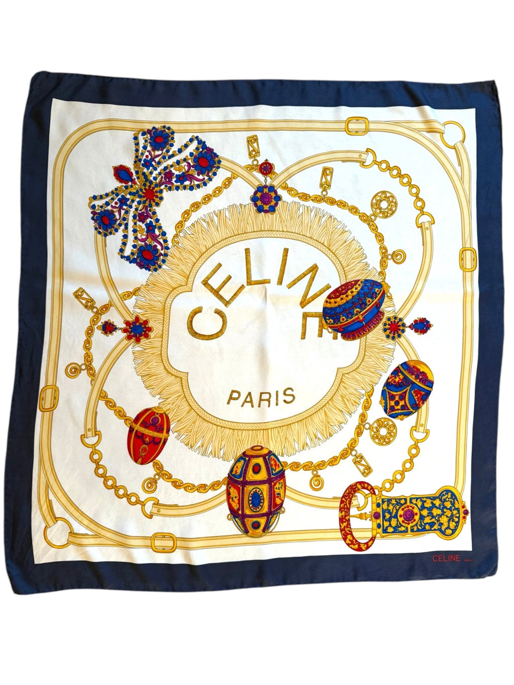 Celine Red Blue Cream and Gold Easter Egg Pattern Silk Scarf