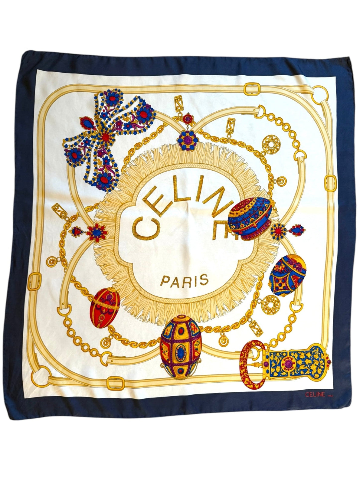 Celine Red Blue Cream and Gold Easter Egg Pattern Silk Scarf