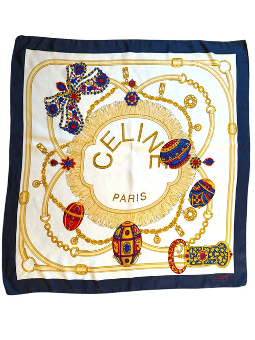 Celine Red Blue Cream and Gold Easter Egg Pattern Silk Scarf