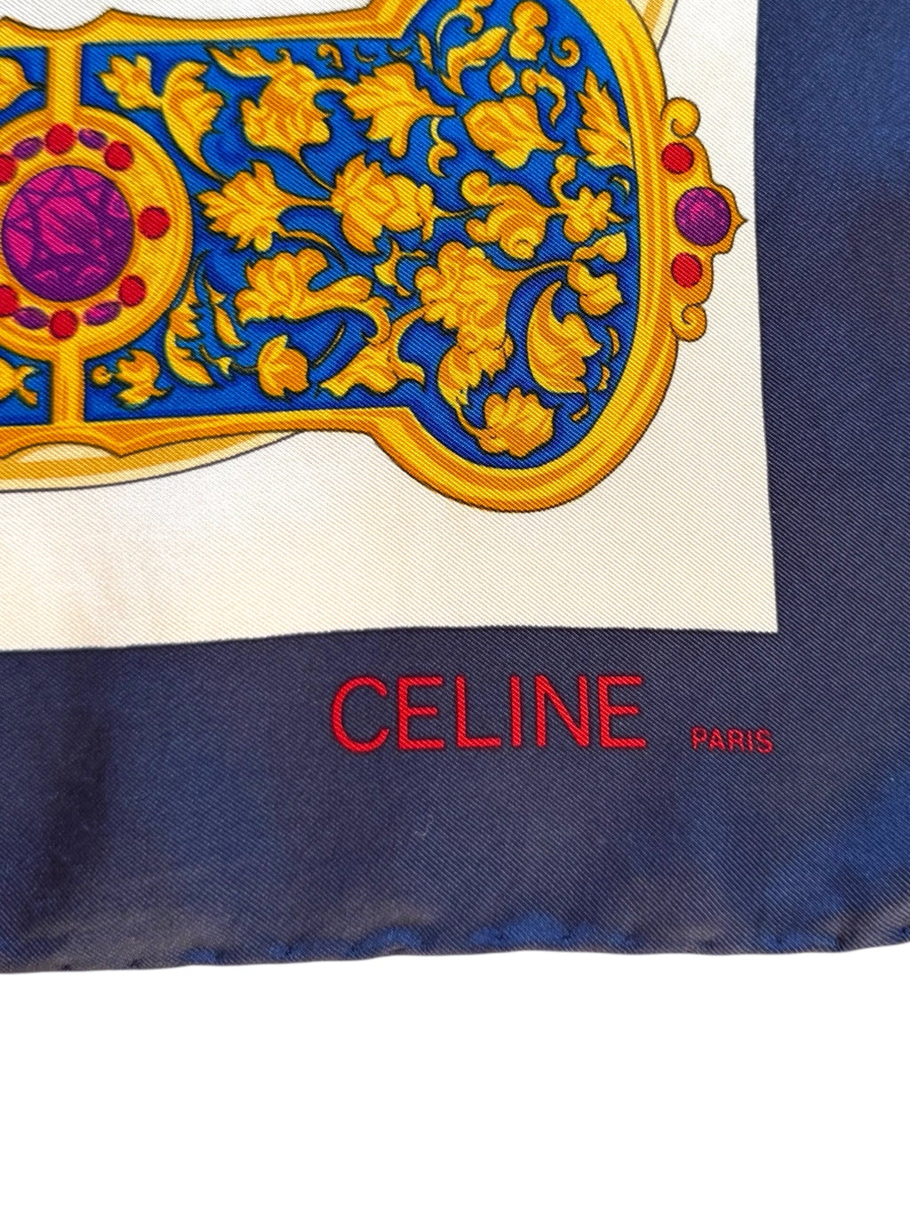 Celine Red Blue Cream and Gold Easter Egg Pattern Silk Scarf