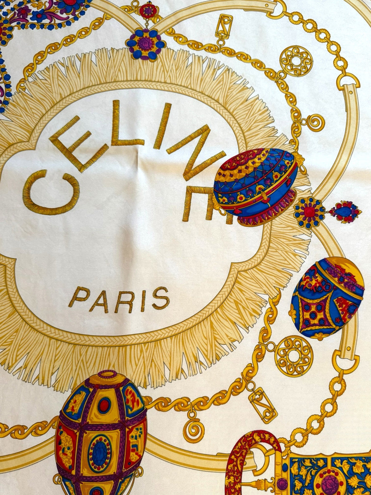 Celine Red Blue Cream and Gold Easter Egg Pattern Silk Scarf
