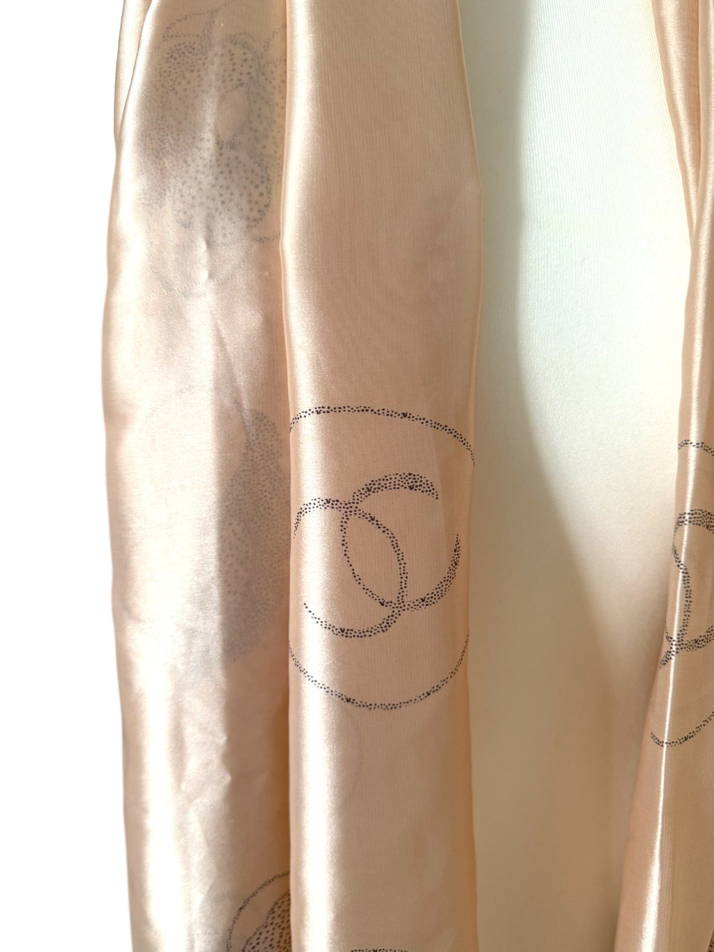 Chanel Long Peach Silk Scarf With Black Camellia Pattern