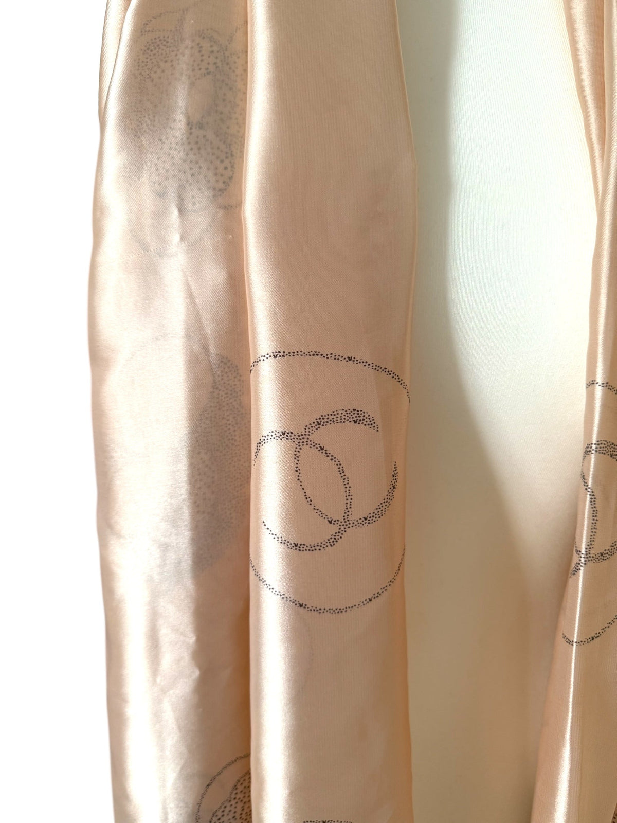 Chanel Long Peach Silk Scarf With Black Camellia Pattern