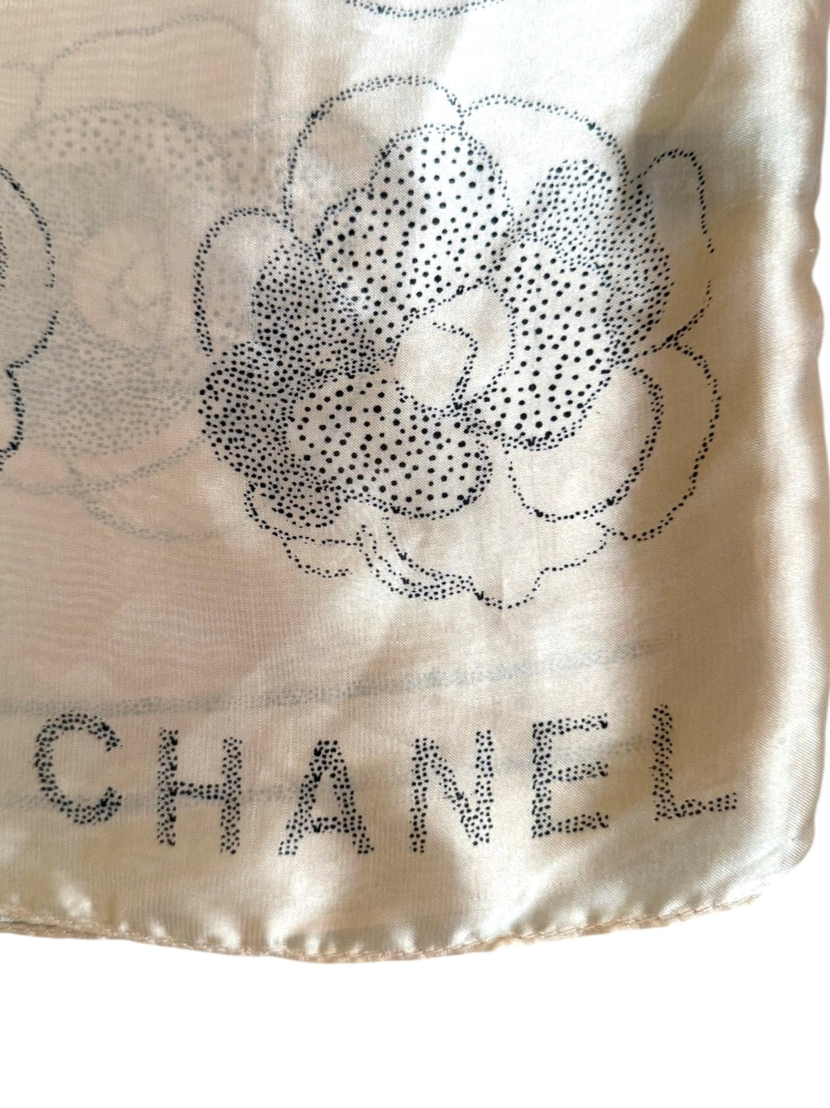 Chanel Long Peach Silk Scarf With Black Camellia Pattern