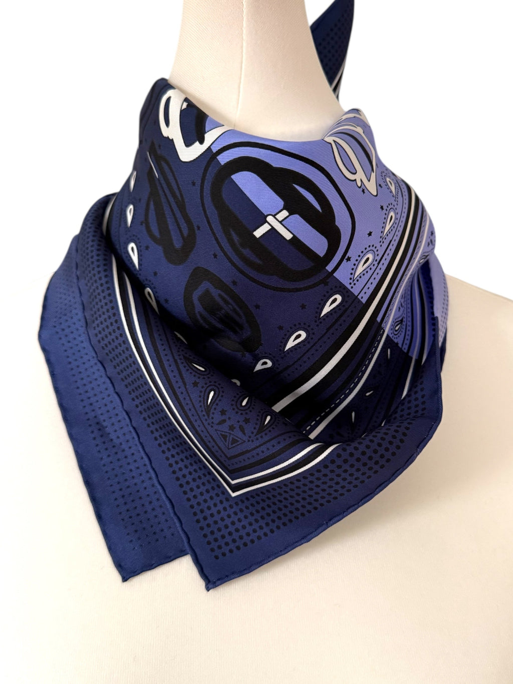 Hermès Carré 55 Bouclerie Moderne Navy Silk Scarf With Box