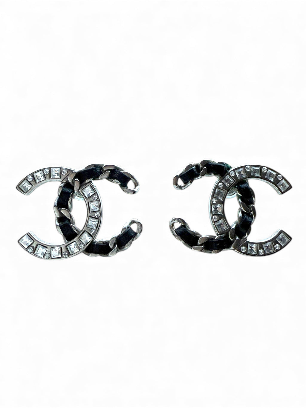 Chanel Silver Black Leather and Crystal Necklace and Earrings Set