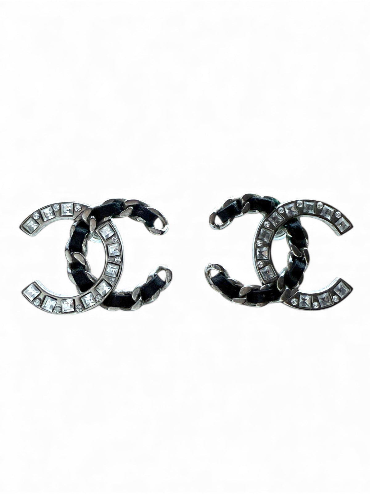 Chanel Silver Black Leather and Crystal Necklace and Earrings Set