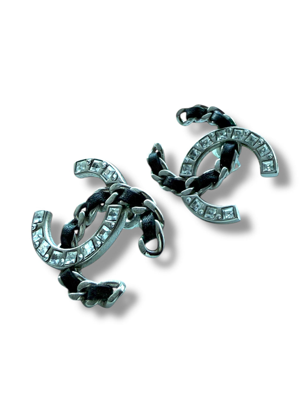 Chanel Silver Black Leather and Crystal Necklace and Earrings Set