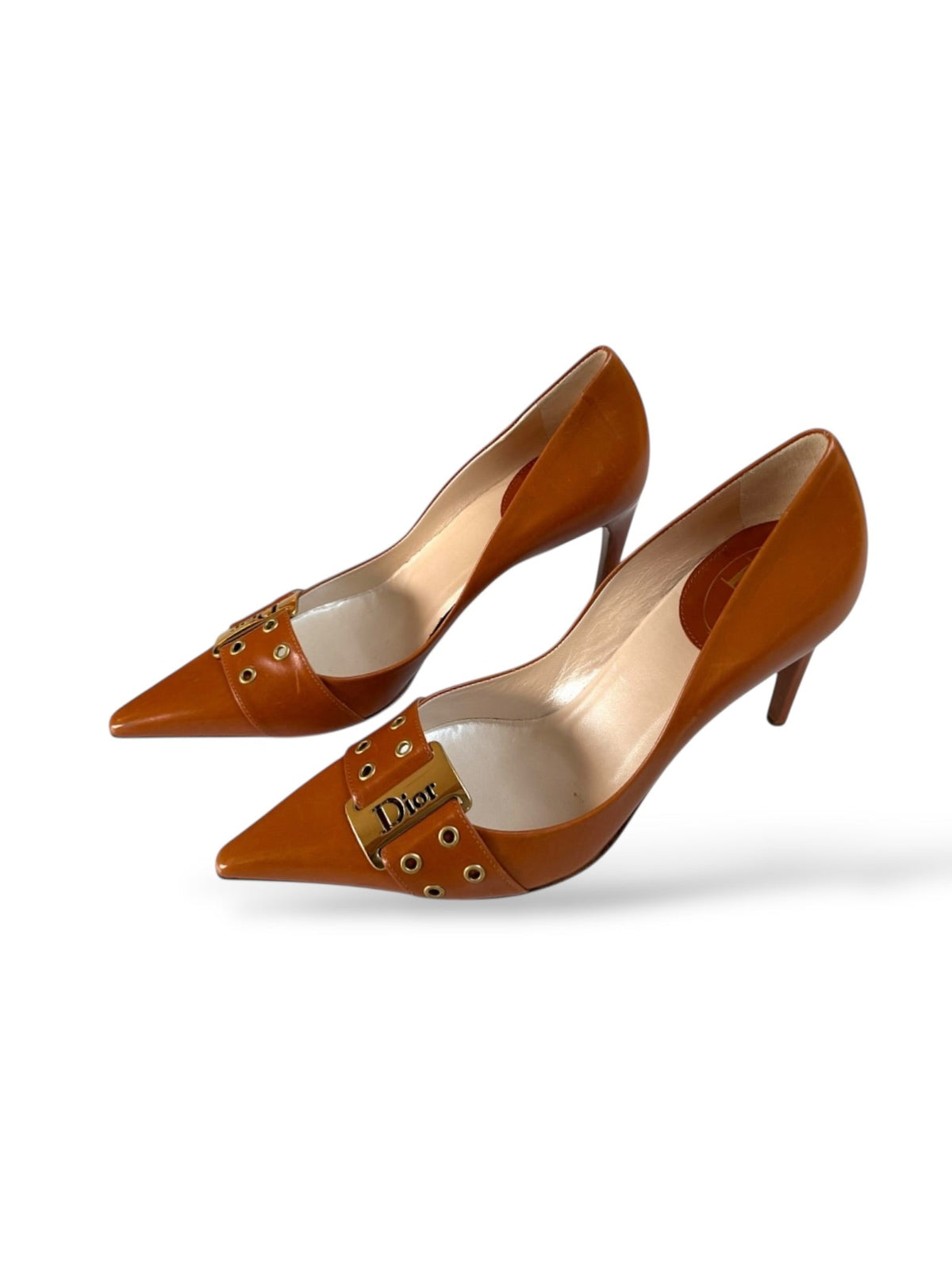 Dior Tan Stiletto Shoes With Buckle And Grommet Design