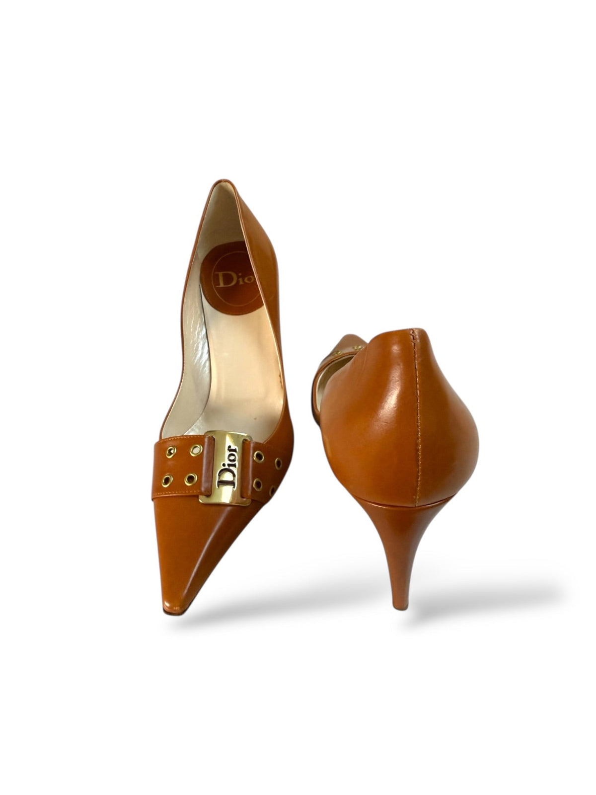 Dior Tan Stiletto Shoes With Buckle And Grommet Design