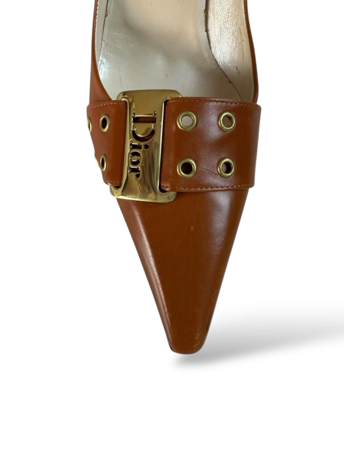 Dior Tan Stiletto Shoes With Buckle And Grommet Design