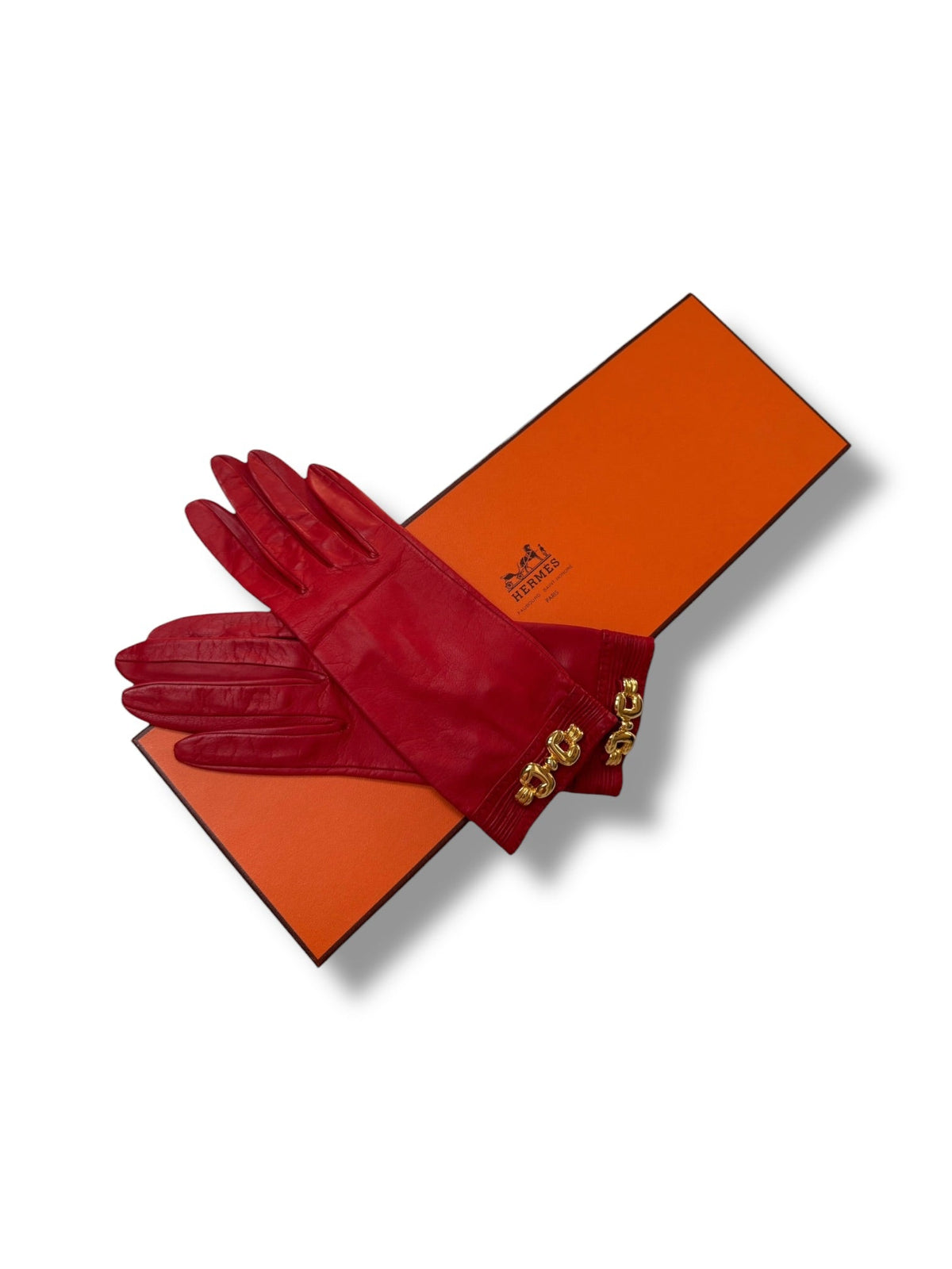 Hermès Lipstick Red Lambskin Gloves With Gold Chain Detail