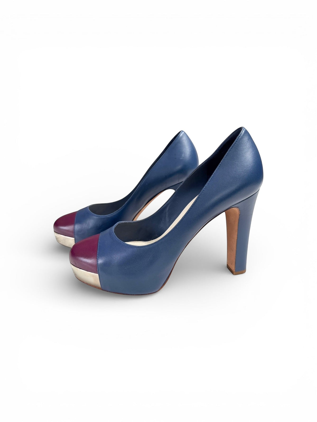 Chanel Navy and Burgundy High Block Heeled Pumps