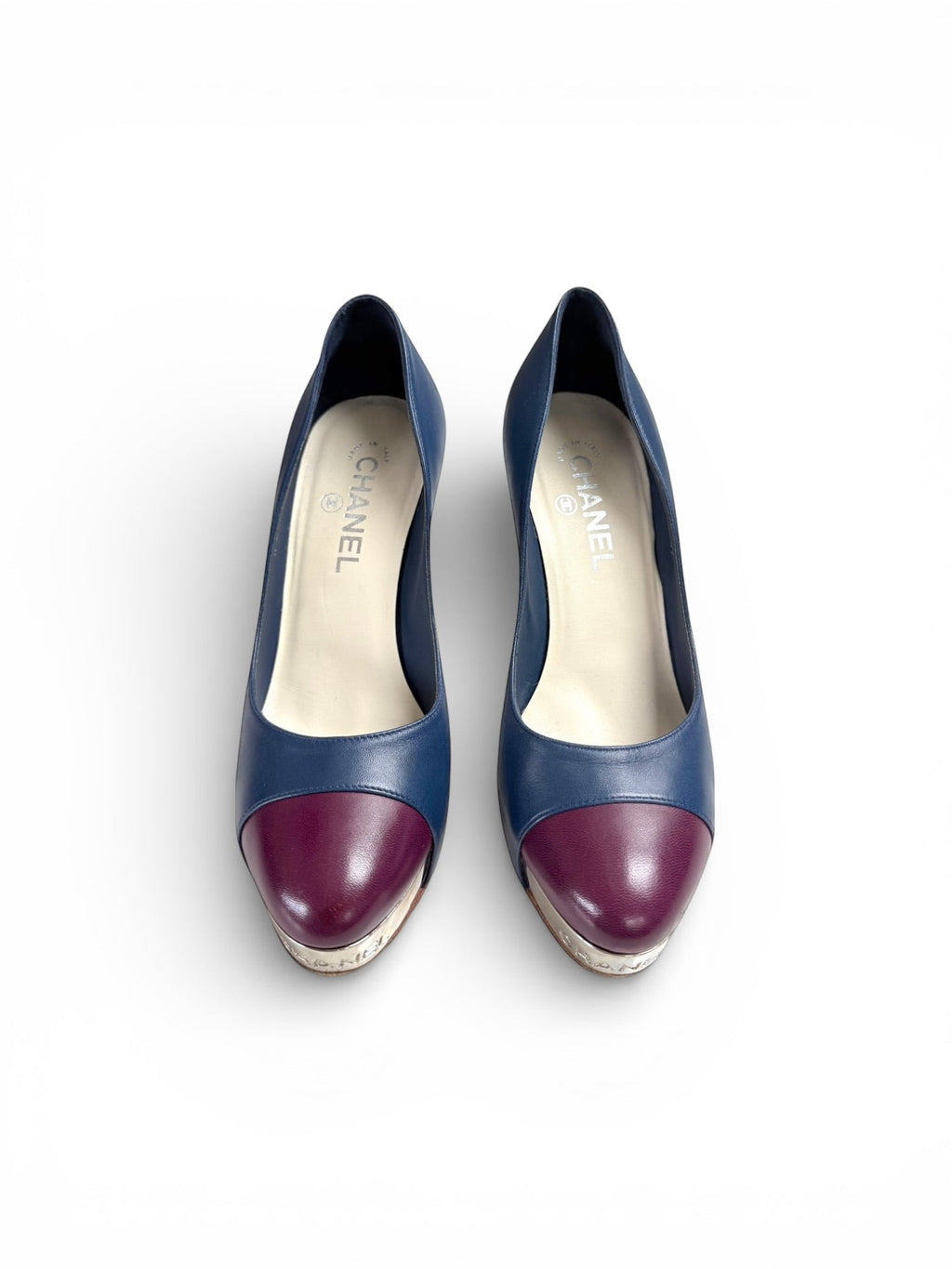 Chanel Navy and Burgundy High Block Heeled Pumps