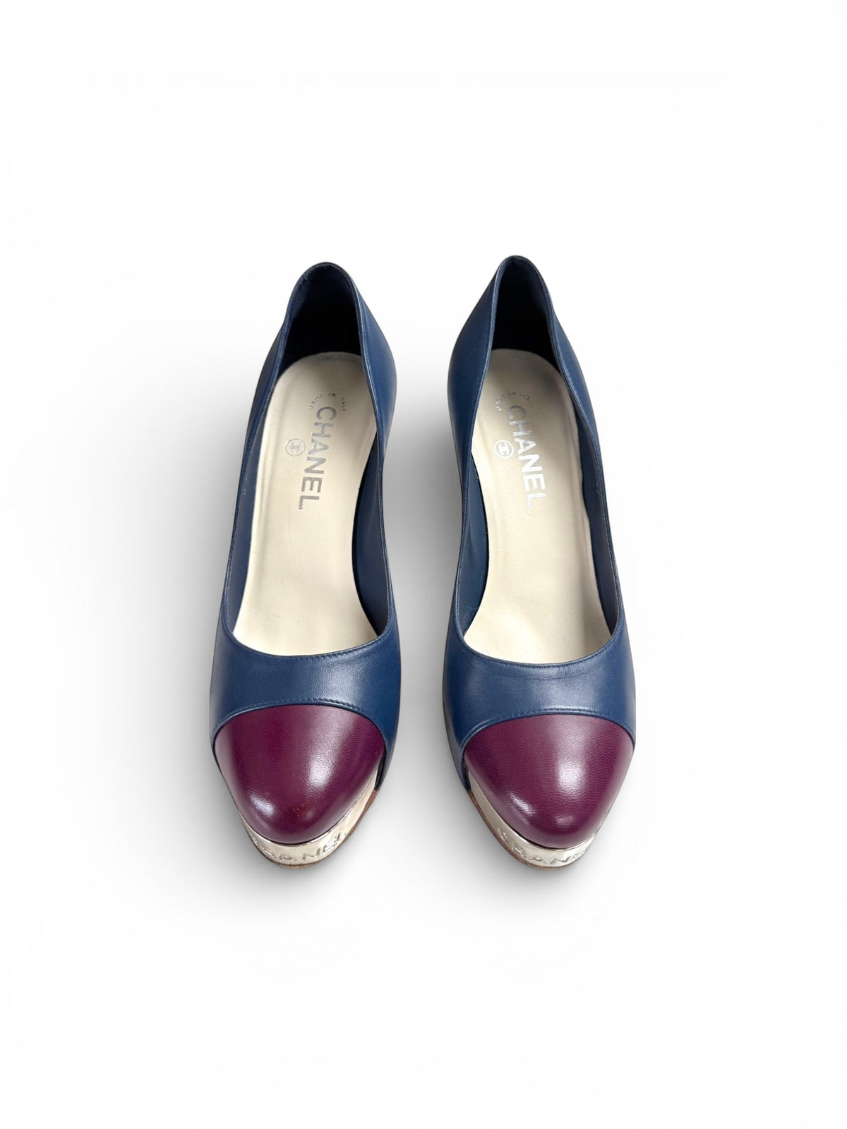 Chanel Navy and Burgundy High Block Heeled Pumps