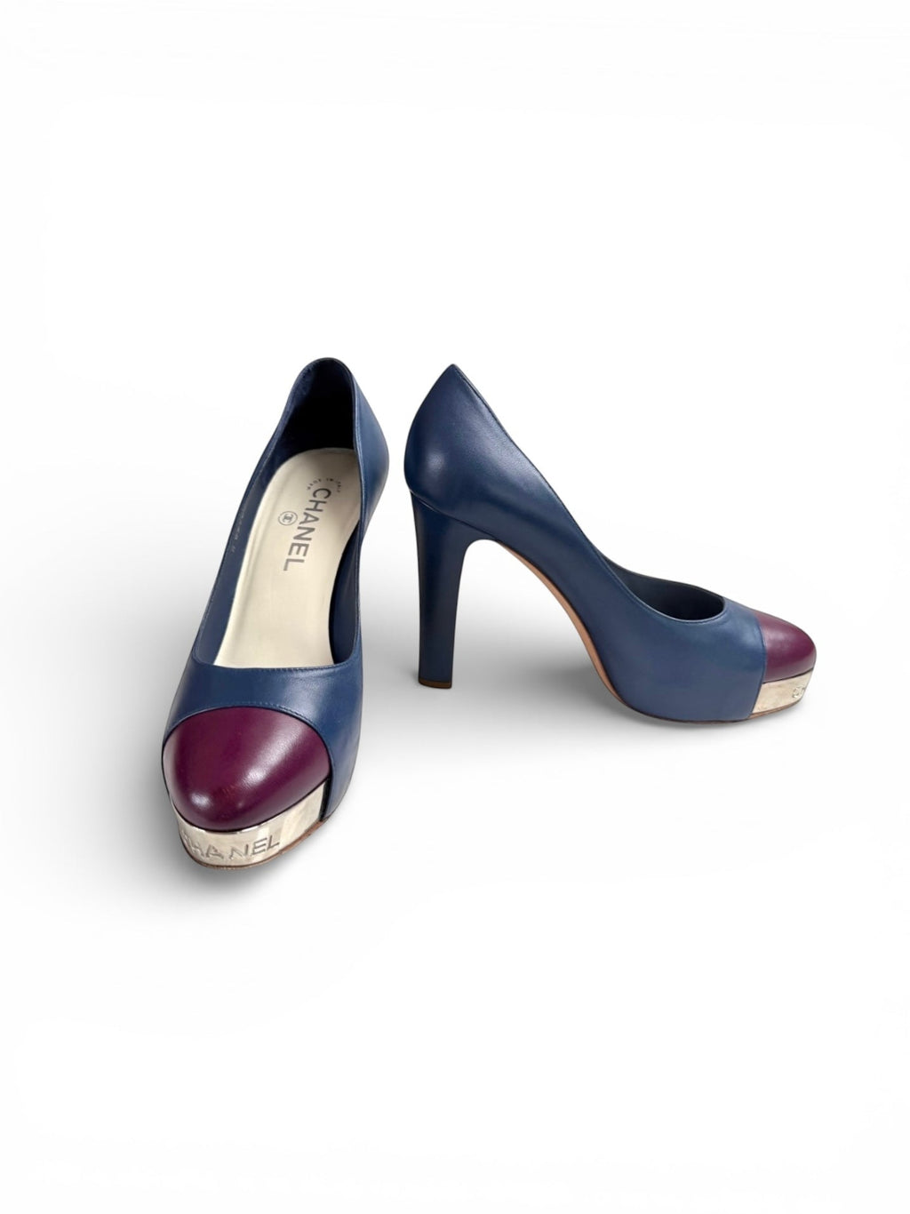 Chanel Navy and Burgundy High Block Heeled Pumps