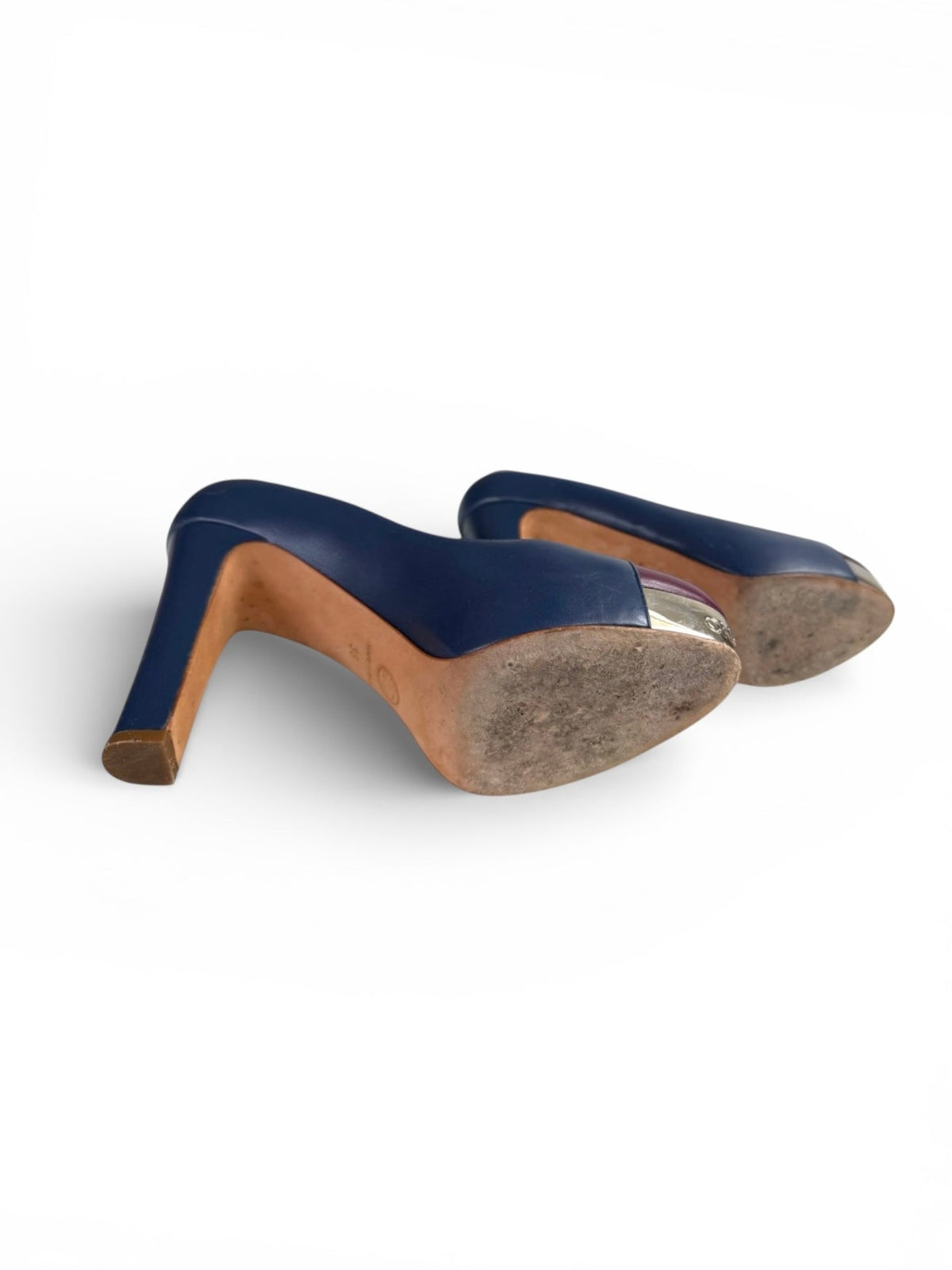Chanel Navy and Burgundy High Block Heeled Pumps