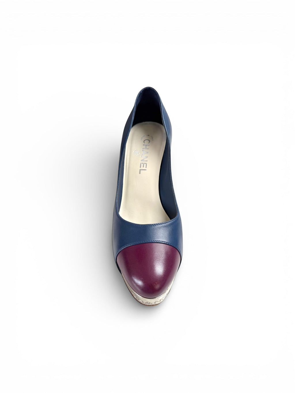 Chanel Navy and Burgundy High Block Heeled Pumps