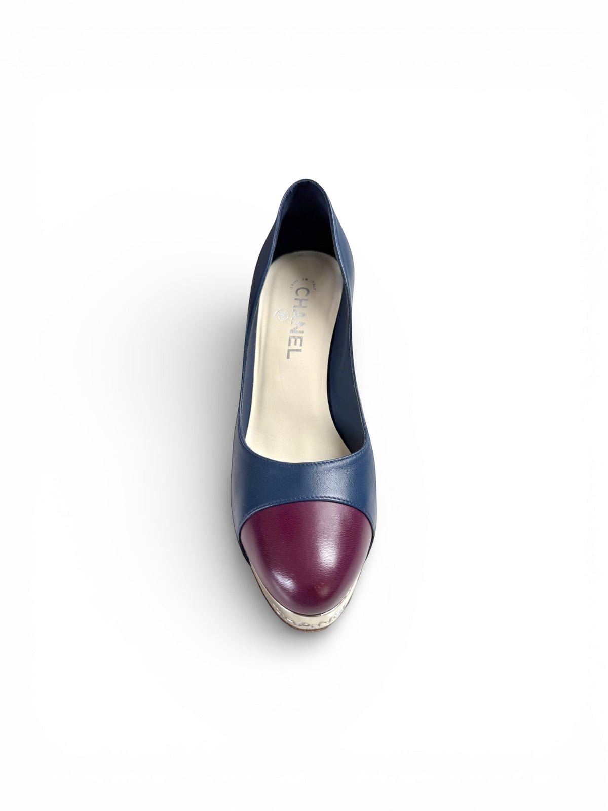 Chanel Navy and Burgundy High Block Heeled Pumps