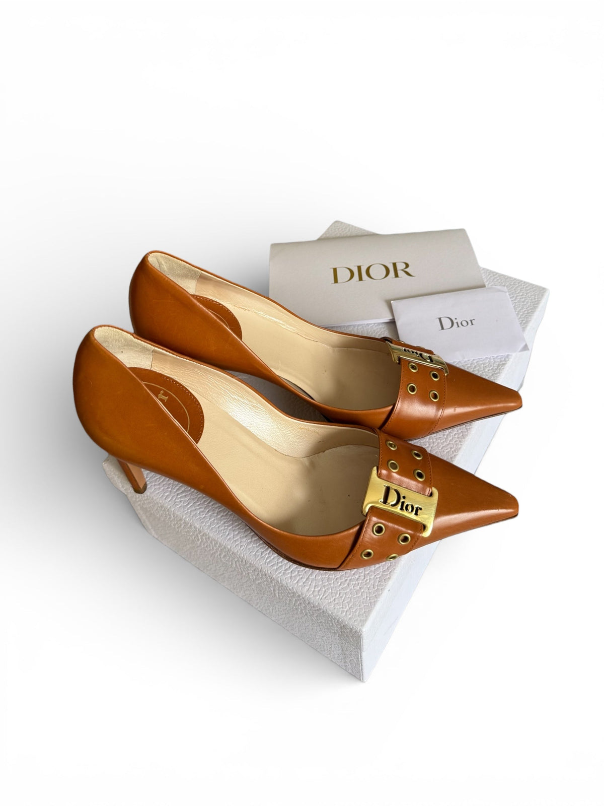 Dior Tan Stiletto Shoes With Buckle And Grommet Design