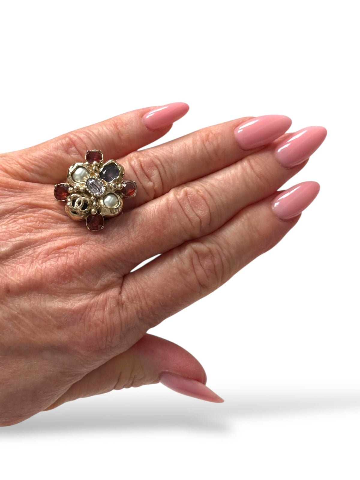 Chanel Gold Plated Crystal and Faux Pearl CC Ring