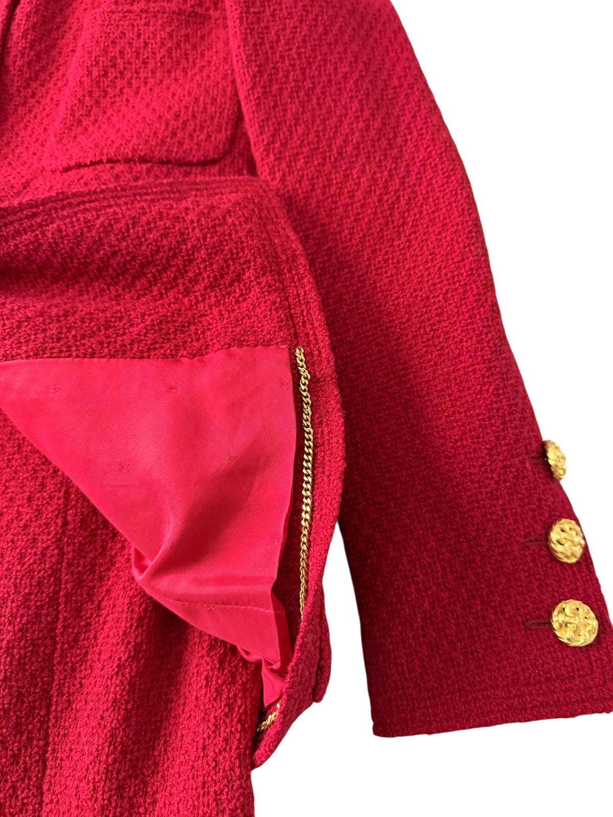 Chanel Red Woollen and Weave Gold Button Suit