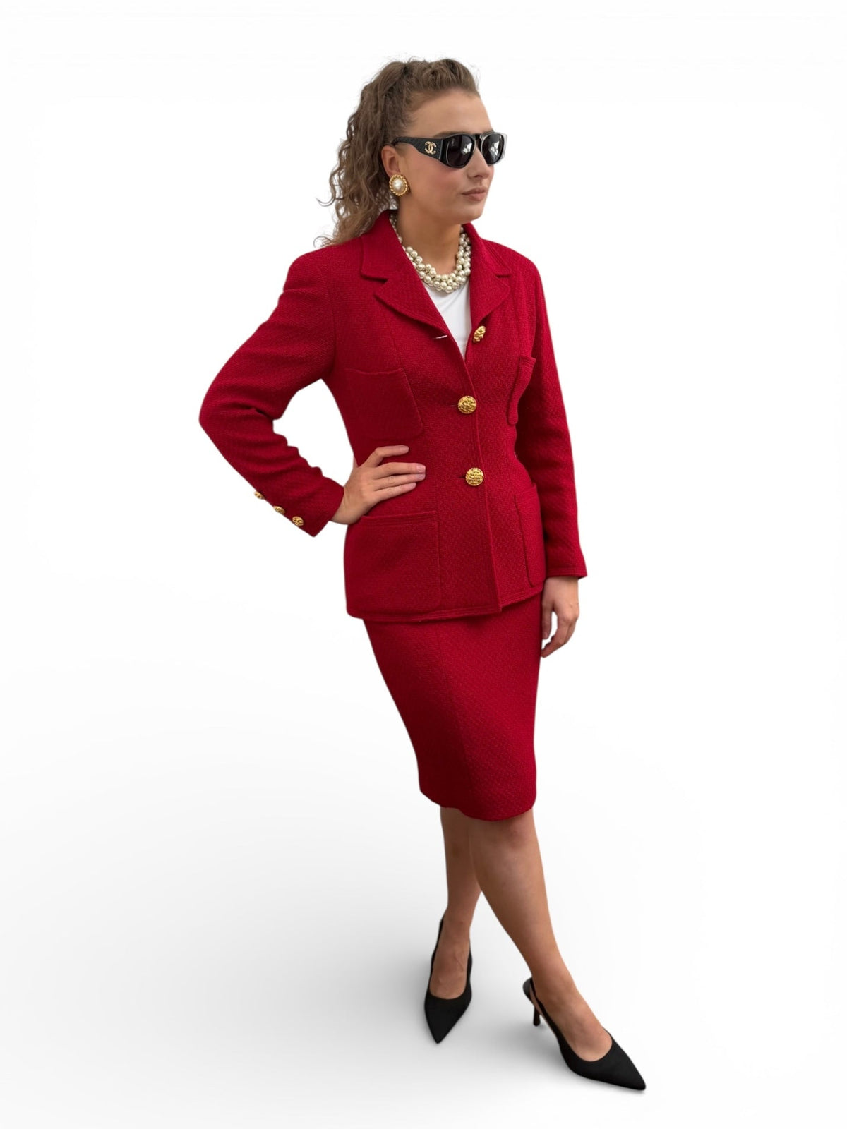Chanel Red Woollen and Weave Gold Button Suit